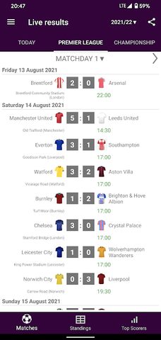 Screenshot 1: Live Scores for Premier League 2021/2022